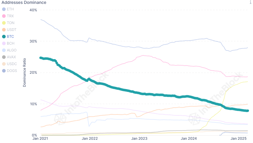 Bitcoin and Other Networks Addresses Dominance | Source: IntoTheBlock on X