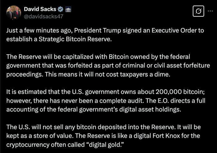 David Sacks' post on X about Bitcoin Reserve