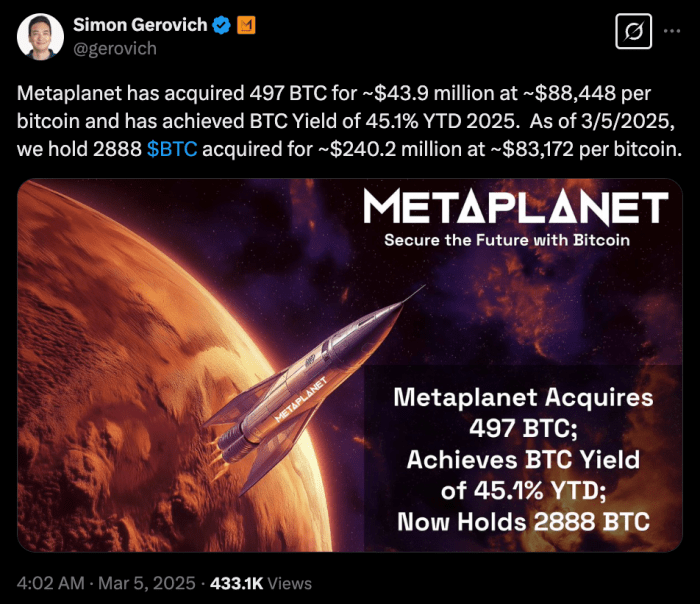 Metaplanet CEO Post on X about buying $BTC