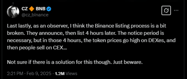 Binance listing process suffers from flaws, per CZ